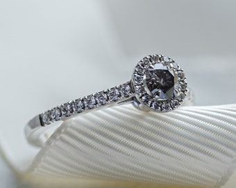 Brilliant cut Round diamond ring, Halo Salt & Pepper Engagement ring made in White gold 14K