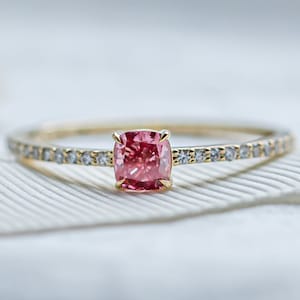 Lab created diamond ring, Cushion cut pink diamond engagement ring in Yellow gold 14K