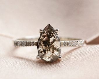 Gray pear diamond ring, 14K White gold salt and pepper engagement ring, Rose cut pear diamond ring