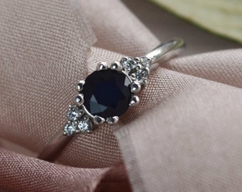 Sapphire diamond ring, Cluster sapphire ring, Vintage sapphire engagement ring, Light blue sapphire ring