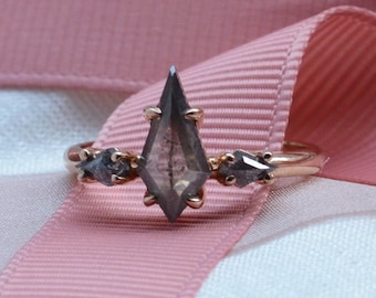 Salt and pepper diamond ring with side diamonds Three stone diamond ring by Mialis Jewelry