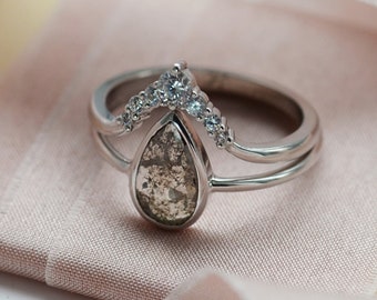 Pear diamond engagement ring set, Salt and pepper diamond ring, Unique engagement ring set