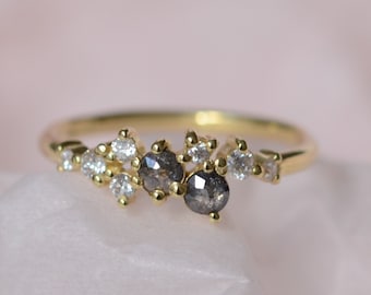 Salt and Pepper diamond ring, Alternative diamond engagement ring, Cluster gold ring