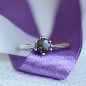 Simple gold engagement ring, Rose cut diamond ring, Salt and pepper diamond engagement ring