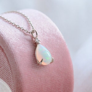 14K Gold opal diamond necklace, Dainty pear opal necklace, Genuine opal necklace image 3