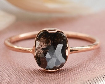 Oval solitaire diamond engagement ring Dark gray diamond ring in Rose gold 14K