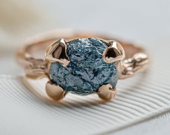 14K Rose gold raw diamond engagement ring, Blue rough engagement ring by Mialis Jewelry