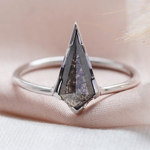 White Gold 14K kite engagement ring, Dark grey diamond ring, Geometric diamond ring