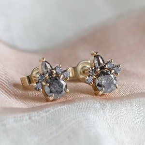 Bridal cluster earrings, Salt and Pepper diamond cluster earrings in Yellow gold 14K image 1