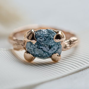14K Rose gold raw diamond engagement ring, Blue rough engagement ring by Mialis Jewelry