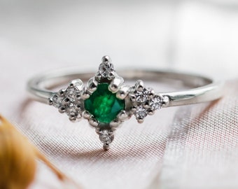 Natural emerald engagement ring, Emerald diamond cluster ring, Dainty solitaire gold ring