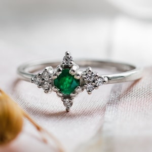 Natural emerald engagement ring, Emerald diamond cluster ring, Dainty solitaire gold ring
