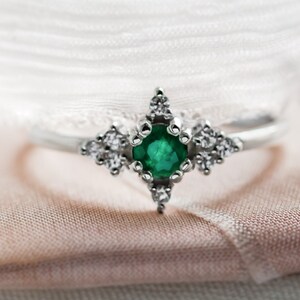 Natural emerald engagement ring, Emerald diamond cluster ring, Dainty solitaire gold ring image 2