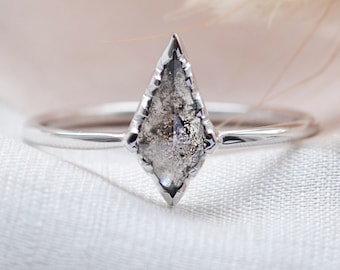 Kite shaped diamond ring, Unique engagement ring, White gold 14K salt & pepper ring