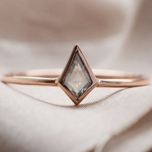 Tiny engagement ring, Kite diamond ring, 14K Rose gold salt and pepper diamond ring
