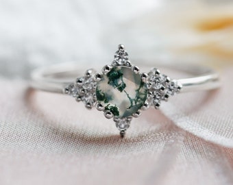 Cluster moss agate diamond ring, Unique engagement ring, Moss agate jewelry