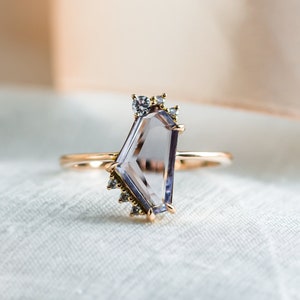 Asymmetric Sapphire ring, Purple sapphire engagement ring, Sapphire & Diamond ring
