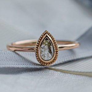 Pear bezel ring in Rose gold 14K, Salt and pepper engagement ring by Mialis Jewelry