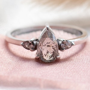 Modern engagement ring Solid gold three stone ring Pear salt and pepper diamond ring