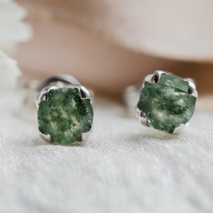 Tiny gemstone studs, Moss agate earrings, Natural moss agate jewelry