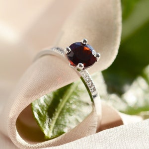Garnet diamond ring, Red garnet engagement ring, January birthstone ring