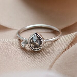 Pear diamond engagement ring, Salt and pepper diamond engagement ring, Unique engagement ring set