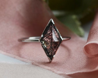 Rutile quartz ring, Black quartz ring, Kite engagement ring