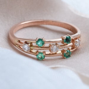 Emerald & diamond ring, Natural emerald engagement ring, 14K Rose Gold dainty emerald ring