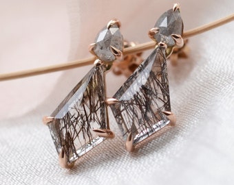 Rutile quartz kite earrings Organic gemstone earrings Salt and pepper diamond earrings