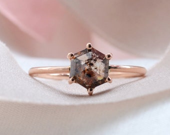 Hexagon engagement ring, Salt and pepper hexagon diamond ring, Brown diamond ring