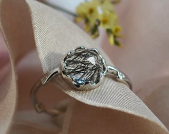 Art deco flower ring, Black rutilated quartz ring,  Flower engagement ring, Alternative engagement ring