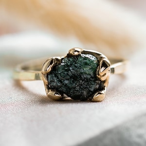 Raw diamond ring in solid gold 14K, Uncut diamond engagement ring by Mialis Jewelry