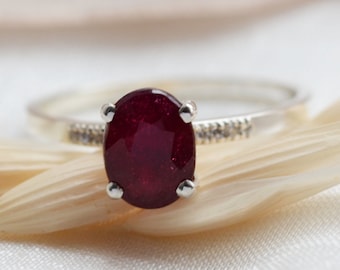 Gold ruby engagement ring, Natural ruby ring, Delicate oval ruby ring