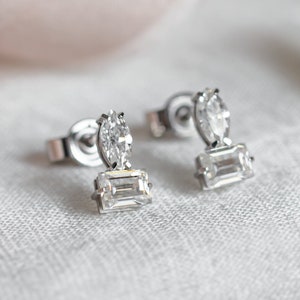 Tiny drop earrings,  Moissanite Baguette earrings, Marquise stud earrings