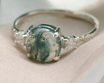 Natural gemstone engagement ring Round moss agate ring Three stone ring