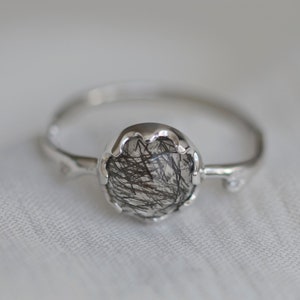 Art deco flower ring, Black rutilated quartz ring, Flower engagement ring, Alternative engagement ring image 4