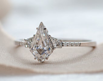 Cluster moissanite ring, Kite engagement ring, White gold 14K moissanite ring