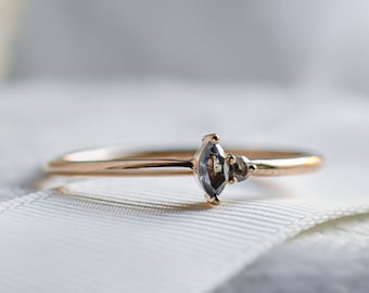 Tiny diamond ring, Marquise shape salt & pepper diamond ring, Thin rose gold ring