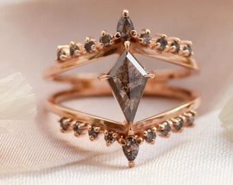 Unique split shank diamond ring Salt and pepper kite engagement ring in 14K Rose gold by Mialis Jewelry