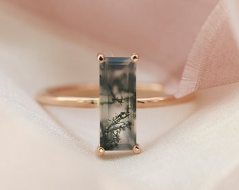 Baguette moss agate engagement ring, Unique gemstone engagement ring, Moss agate jewelry