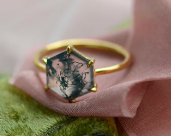 Moss agate ring, Geometric engagement ring, Unique solitaire engagement ring