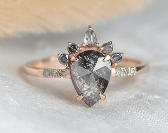 Pear shape salt and pepper diamond ring Half halo engagement ring Natural grey diamond ring by Mialis Jewelry