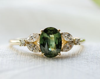 Green Sapphire and Diamond ring, Oval cut sapphire ring with marquise diamonds