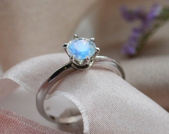 Rainbow moonstone engagement ring, Blue moonstone ring, Boho moonstone ring