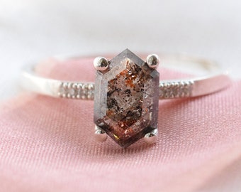 Brown salt and pepper hexagon diamond ring Unique gemstone engagement ring by Mialis Jewelry