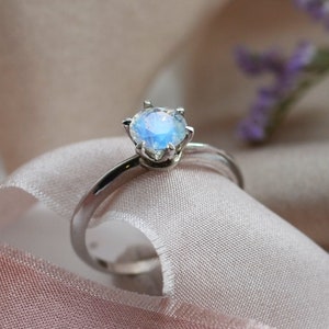 Rainbow moonstone engagement ring, Blue moonstone ring, Boho moonstone ring