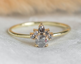 Yellow gold diamond cluster ring, Delicate ring with Salt & Pepper diamond by Mialis Jewelry