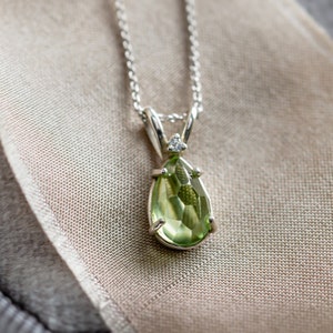 Dainty green peridot necklace, August birthstone necklace, Pear shaped diamond pendant