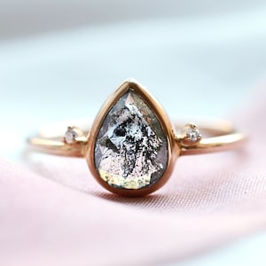 Salt and pepper diamond engagement ring, Pear cut diamond ring, Three stone diamond ring