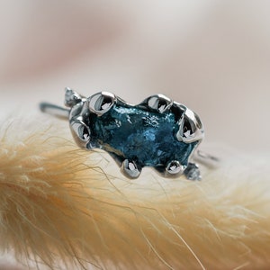 Blue raw diamond engagement ring, Alternative solitaire ring, Rustic diamond ring
